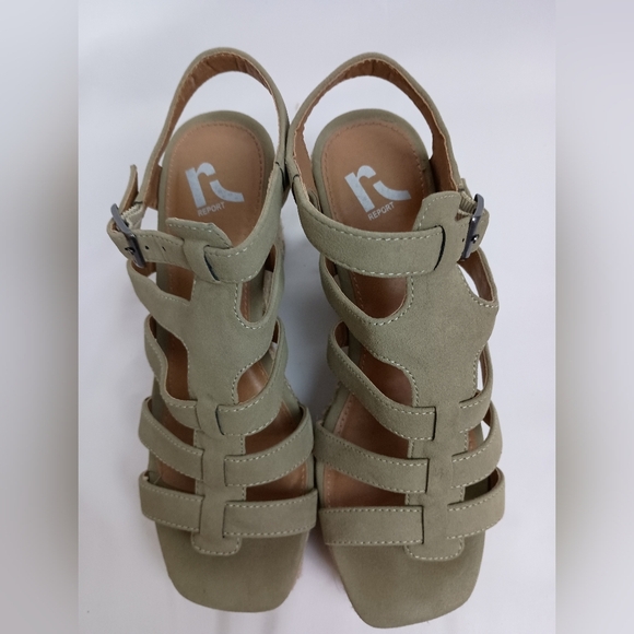 REPORT Olive Green Tan Sandals Chunky Heel Summer Strappy Design -(#1,003) - Picture 1 of 6